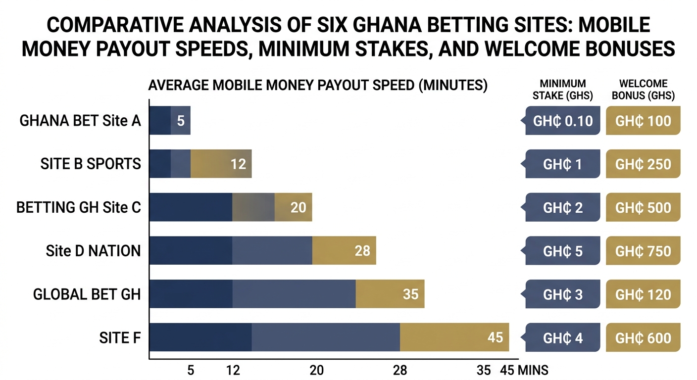 infographic: clean, modern, professional chart-style data visualization comparing six Ghana betting sites, horizontal bar chart of Mobile Money payout speeds in minutes with small callout stats for minimum stake and welcome bonus amounts in GHS, muted navy blue and gold palette, white background, no cartoons, no illustrations, no icons, strict professional data viz style