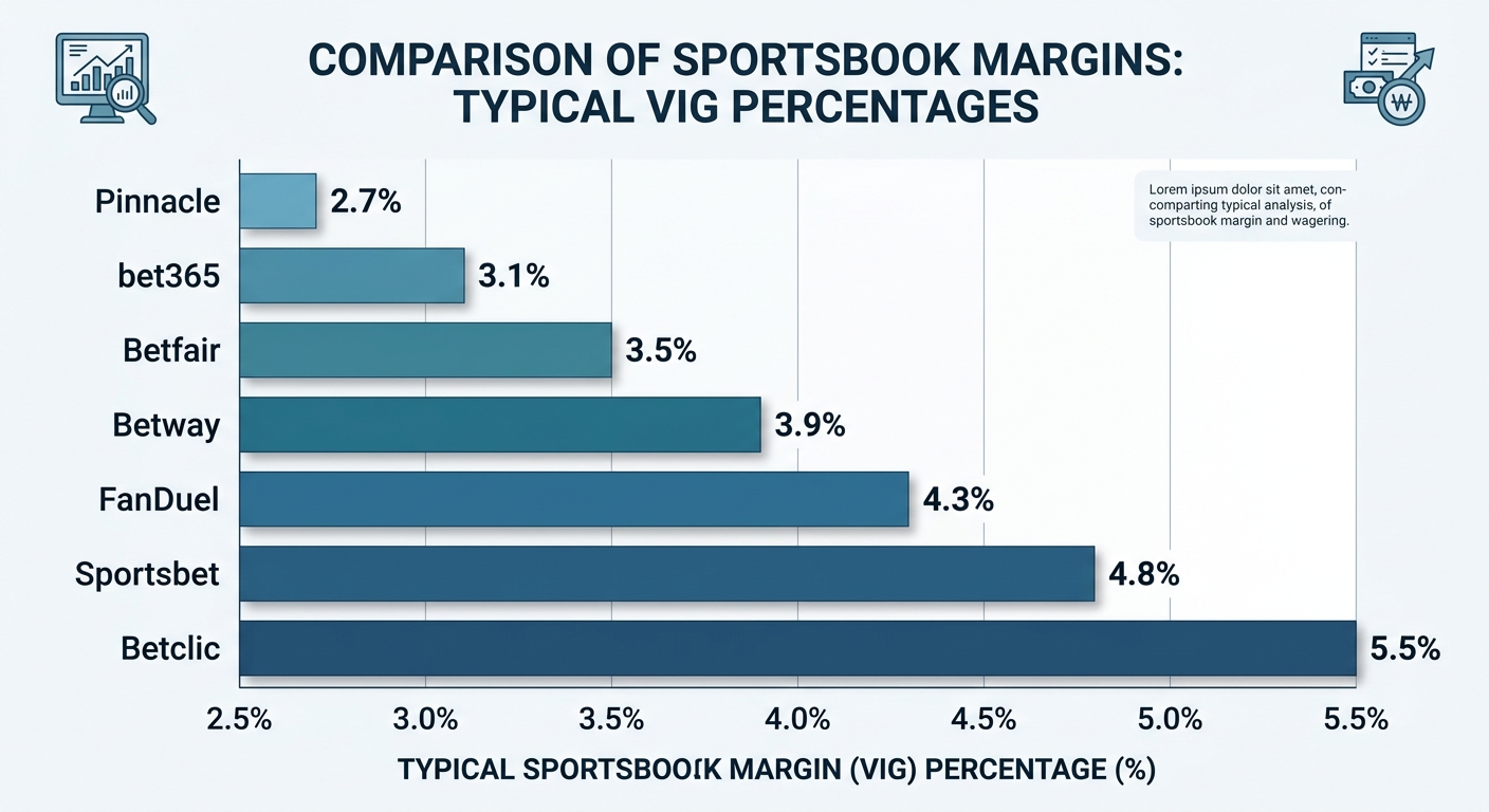 infographic: clean, modern, professional chart-style data visualization comparing sportsbook margins, horizontal bar chart showing typical vig percentages from 2.7% to 5.5% across seven bookmakers labeled Pinnacle, bet365, Betfair, Betway, FanDuel, Sportsbet, Betclic, muted blue and white palette, labeled axes and values, strict professional data viz style