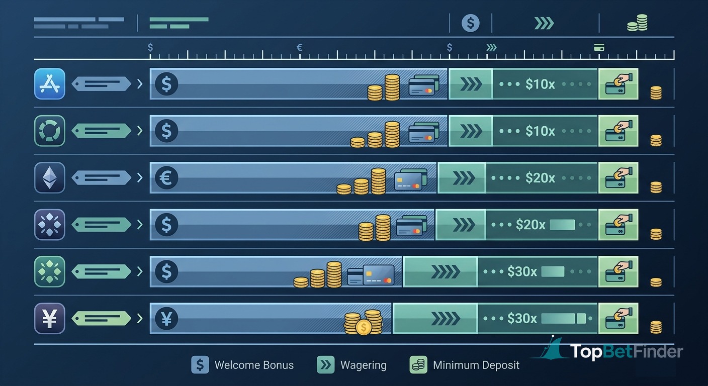 infographic: clean modern professional chart-style data visualization comparing six casino apps by welcome bonus size, wagering requirement multiplier and minimum deposit, horizontal bar chart layout with clear labels, muted blue and green palette, strict professional data visualization style, no cartoons IMPORTANT: absolutely no text, no words, no letters, no numbers and no logos anywhere in the image. Keep the bottom-right corner clean and dark.