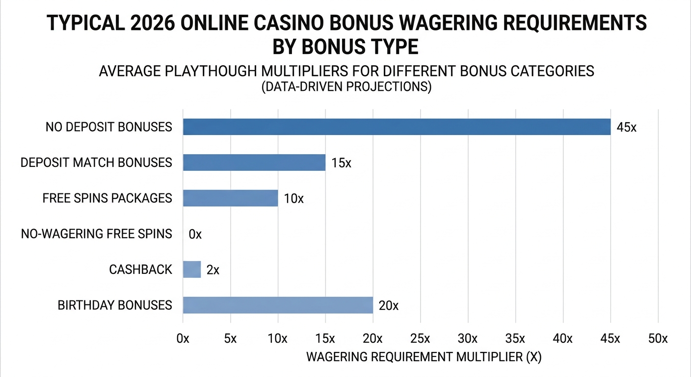 infographic: clean, modern, professional chart-style data visualization showing typical 2026 online casino bonus wagering requirements by bonus type as a horizontal bar chart, no deposit bonuses 45x, deposit match 15x, free spins package 10x, no-wagering free spins 0x, cashback 2x, birthday bonus 20x, neutral blue and grey palette on white background, minimal labels, strict professional data visualization style, no cartoons, no illustrations, no icons